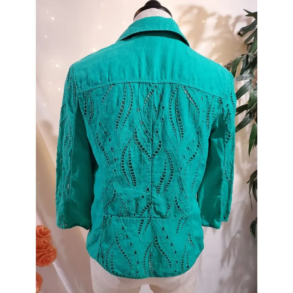 Chicos Eyelet Linen Zip Jacket Womens Size 0 US S 4 Green Natural Coastal Lace - Picture 3 of 13